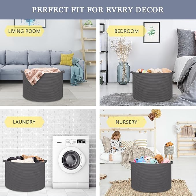 Extra Large Blanket Basket 87L, Laundry Hamper, Baby Nursery Hamper for Storage Toys Clothes Towels, Large Cotton Rope Laundry Basket for Girls Boys, 22”x 14”, Dark Gray