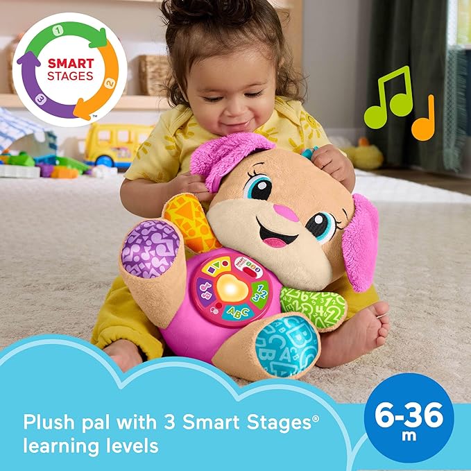 Fisher-Price Baby Learning Toy Laugh & Learn Smart Stages Sis Pink Musical Plush with Smart Stages for Infants Ages 6+ Months, Multilanguage Version