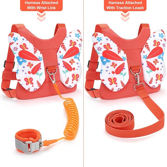 Toddler Harness Leash, Accmor 3 in 1 Cute Butterfly Kids Leash +Anti Lost Wrist Link for Outdoor Travel, Adorable Child Walking Harness Wristband Assistant Strap Belt Protector for Baby Girls (Orange)