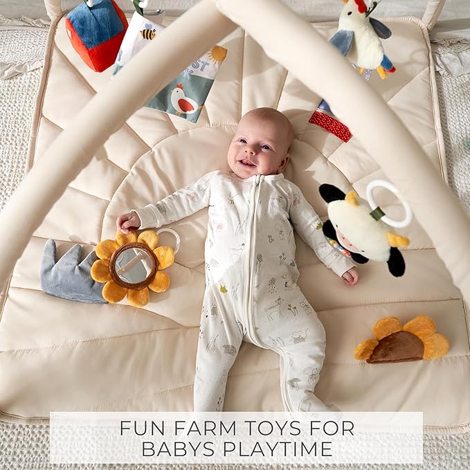 Beautiful Baby Play Gym and Tummy Time Mat - Soft Mat with 5 Farm Toys Creates The Perfect Activity Area for Your Girl/Boy - Stylish Infant Floor Playmat Fits Nicely with Any Playroom Decor