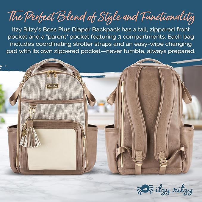 Itzy Ritzy Diaper Bag Backpack – Large Capacity Boss Plus Baby Backpack Diaper Bag Featuring 19 Pockets, Changing Pad, Stroller Clips, and Comfortable Straps (Vanilla Latte)