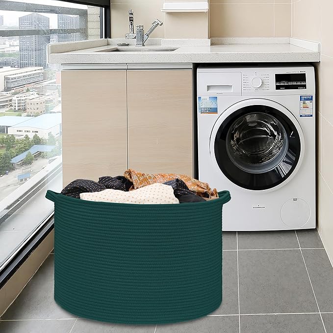 Extra Large Blanket Basket 87L, Laundry Hamper, Baby Nursery Hamper for Storage Toys Clothes Towels, Large Cotton Rope Laundry Basket for Girls Boys, 22”x 14”, Dark Green