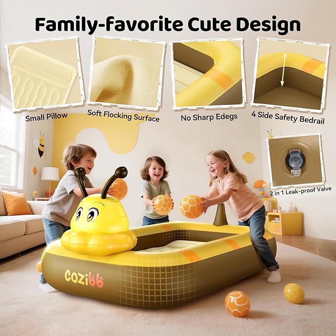 CoziBB Inflatable Toddler Travel Bed, Portable Travel Bed with Flocked Mattress, Built-in Pillow & Carry Bag, 4 Side Safety Bumpers for Toddlers-Cute Bee