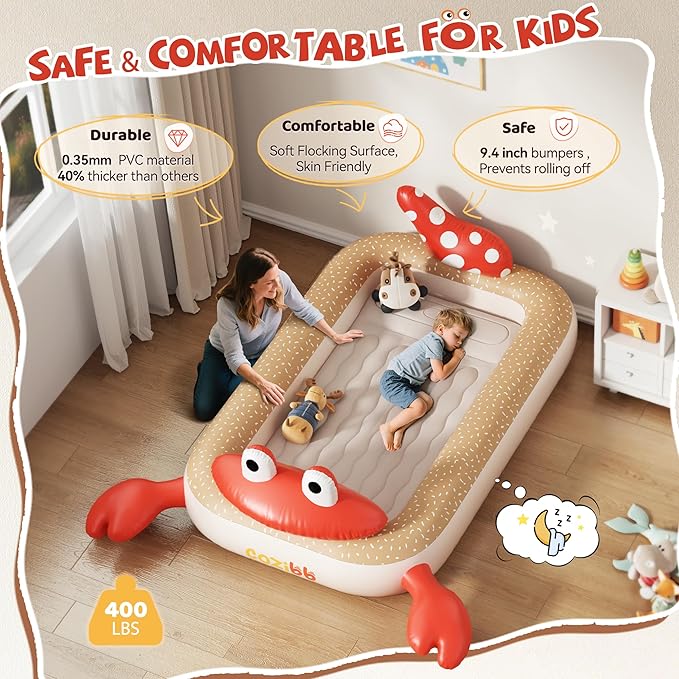 CoziBB Inflatable Toddler Travel Bed, Portable Travel Bed with Flocked Mattress, Built-in Pillow & Carry Bag, 4 Side Safety Bumpers for Toddlers-Hermit Crab