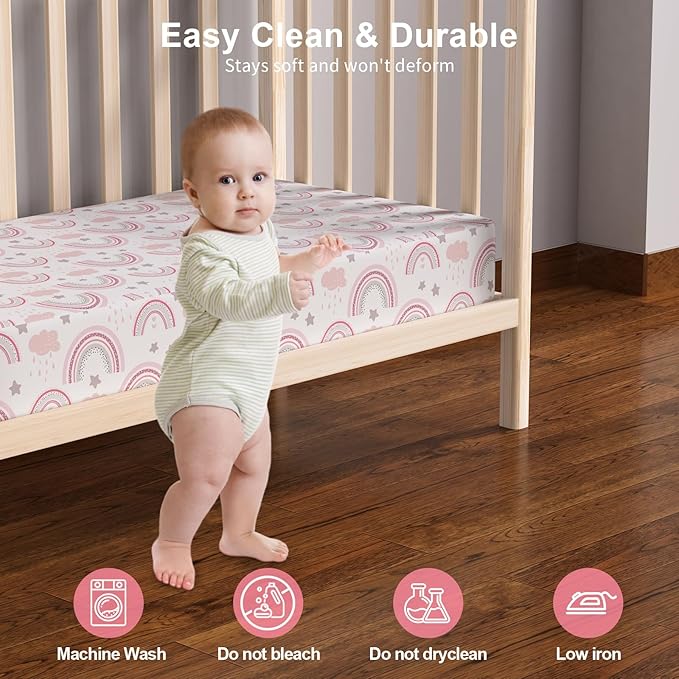 Baby Crib Sheets 2 Pack for Boys and Girls Fit for Standard Crib Toddler Mattress Breathable Soft Microfiber Baby Sheet 28x52x8in (Pink Rainbow & Pink)
