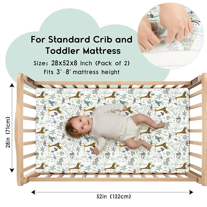 Yoofoss Baby Crib Sheets for Boys Girls, Fitted Crib Sheet 2 Pack for Standard Crib and Toddler Mattress, Super Soft Microfiber Baby Sheet 28x52x8in Green + Giraffe