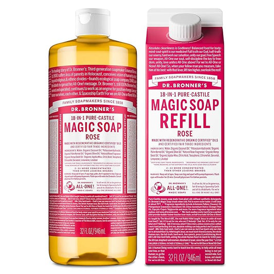 Dr. Bronner's Pure-Castile Magic Soap Liquid- Made with Regenerative Organic Certified Oils- For Body, Face, Hair, Dishes, Laundry, Vegan Bath Soaps for Men & Women, Non-GMO - Rose, 32oz + Refill