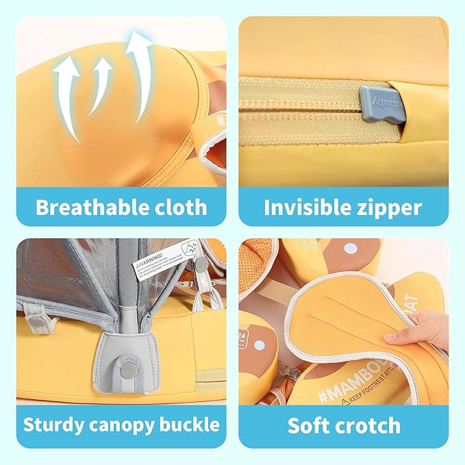 Mambobaby Float with Canopy and Tail New Upgraded Non-Inflatable Baby Pool Float Mambo Float Swim Trainer Solid Infant Swim Float Adjustable Pearl Foam Baby Swim Ring