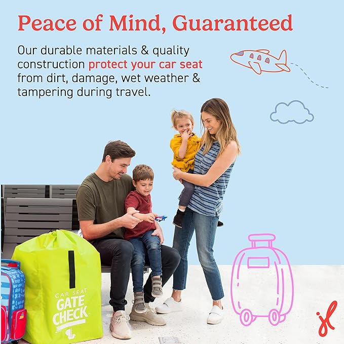 J.L. Childress Gate Check Travel Bag for Car Seats - Car Seat Travel Bag for Airplane, Includes AIRTAG Holder, Fits All Baby Car Infant Carriers & Child Booster Seats - Neon Yellow