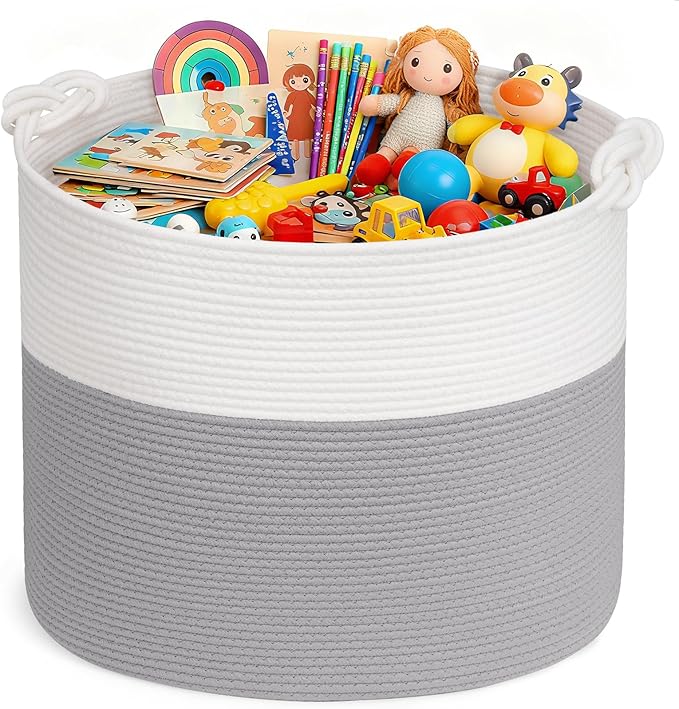 Goodpick 17"x16" Toy Storage for Kids, Home Décor Living Room, Baby Basket for Nursery Playroom, Soft Woven Cotton Rope Baskets for Blankets Pillows Clothes, Grey