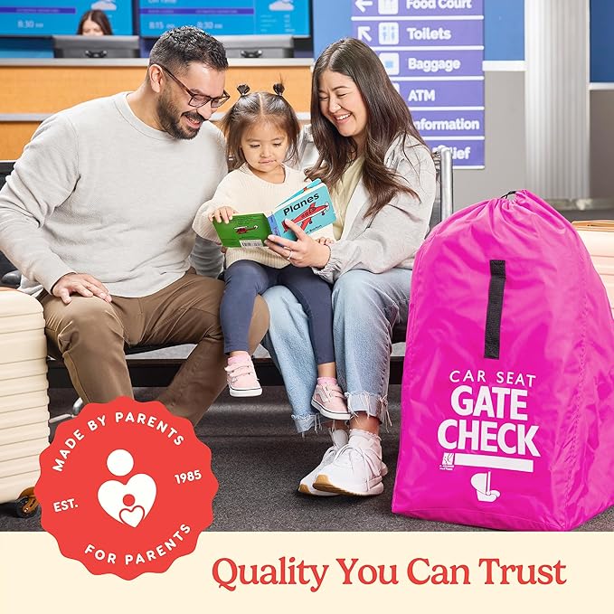 J.L. Childress Gate Check Travel Bag for Car Seats - Car Seat Travel Bag for Airplane, Includes AIRTAG Holder, Fits All Baby Car Infant Carriers & Child Booster Seats - Neon Pink
