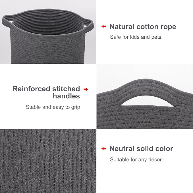 Large Cotton Rope Laundry Hamper 72L, Tall Baby Nursery Hamper, Woven Storage Basket for Living Room Bedroom, Laundry Basket for Storage Toys Clothes Towels, 16”x 22”, Dark Gray