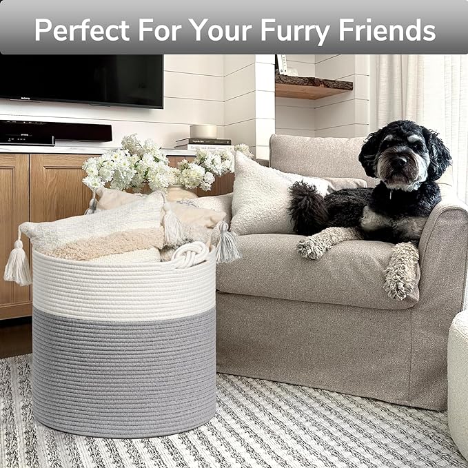 Goodpick Cotton Rope Storage Basket, 15 x 14.2 Inches Baby Laundry Baskets for Clothes, Toy Storage Blanket Basket With Handles for Living Room, Small Woven Baskets for Organizing Home Décor, Grey