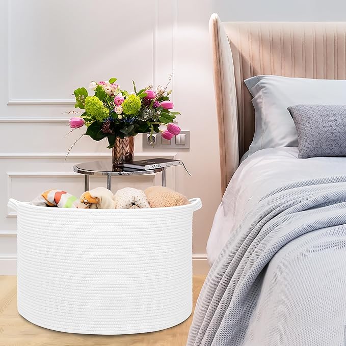 Extra Large Blanket Basket 87L, Laundry Hamper, Baby Nursery Hamper for Storage Toys Clothes Towels, Large Cotton Rope Laundry Basket for Girls Boys, 22”x 14”, White