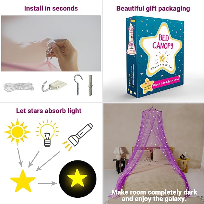 Purple Canopy for Girls Bed with Pre-Glued Glow in The Dark Stars - Princess Mosquito Net Room Decor - Kids & Baby Bedroom Tent with Galaxy Lights - 1 Opening Canopy Bed & Hanging Kit Included