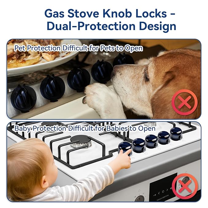 Stove Knob Safety Covers, 5Pcs Universal Size with 5 Heat Alert Stickers Oven Knob Covers for Child Safety, 2nd Gen Kitchen Burner Childproofing, Gas Stove Knob Locks for Kid Baby Pet (Black)