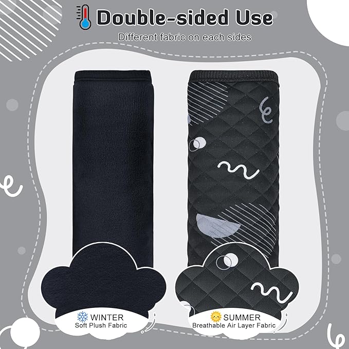 INFANZIA Car Seat Strap Covers for Infants Babies, Soft Carseat Shoulder Pads for Kids, Double-Sided Use Seatbelt Cushion Covers for Stroller, Pushchair & High Chair (Black)