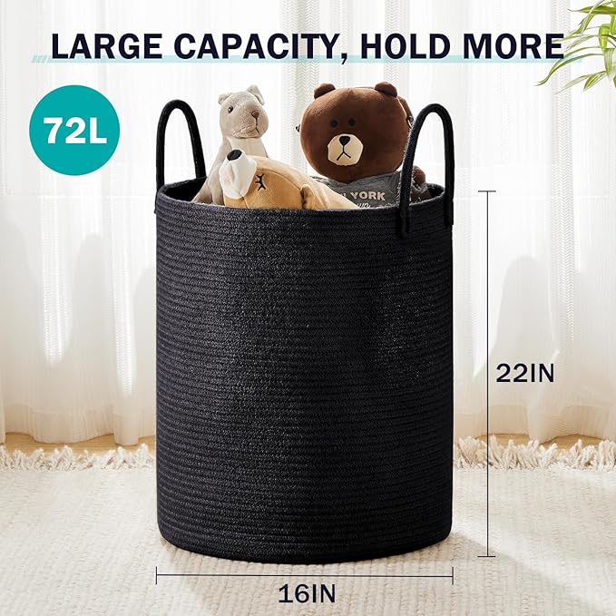 YOUDENOVA Woven Rope Laundry Hamper Basket, 72L Tall Luandry Basket, Baby Nursery Hamper for Blanket Storage in Bedroom-Large- Black