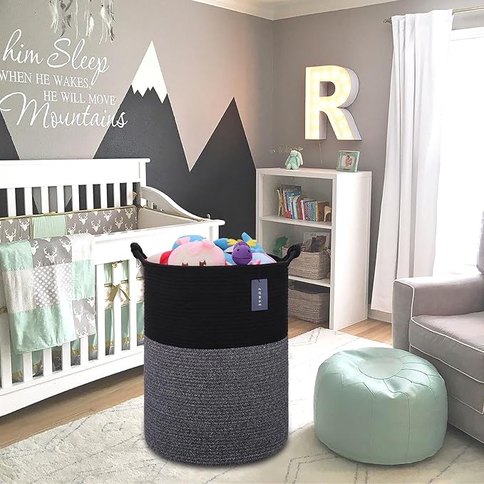 COMSE Extra Large Blanket Basket, Tall Woven Storage Basket, Nursery Hamper, 15.7”x 21.7”, Cotton Rope Laundry Hamper for Toys Clothes Towels, Black