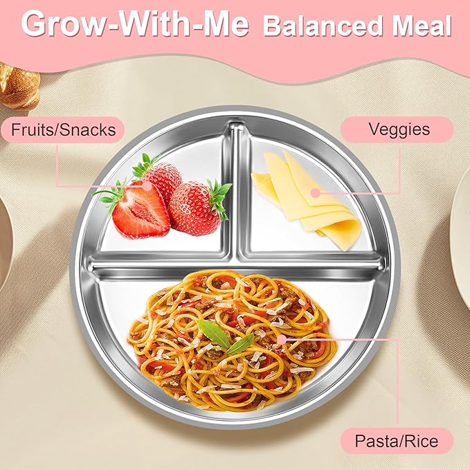 Bella's Friends Stainless Steel Baby Plates with Suction 3 Pack, 9” Divided Toddler Plates with Removable Silicone Sleeves for Mess-Free Feeding, Non-Toxic, Non-Slip, Dishwasher Safe, Green,Blue,Gray