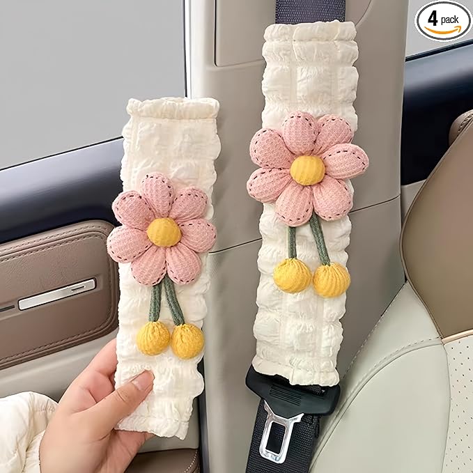 Cute Flower Seat Belt Cover Pads, 2 Pcs & 4 Pcs Seatbelt Covers for Women Adults, Car Seat Strap Pads, Seatbelt Cushion (Pink,4)