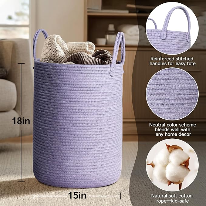 Purple Woven Laundry Basket, 15"x18" Large Cotton Rope Storage Basket for Blankets Pillows Toys, Decorative Baby Nursery Clothes Hamper for Living Room Bedroom, Kids Tall Luandry Hamper