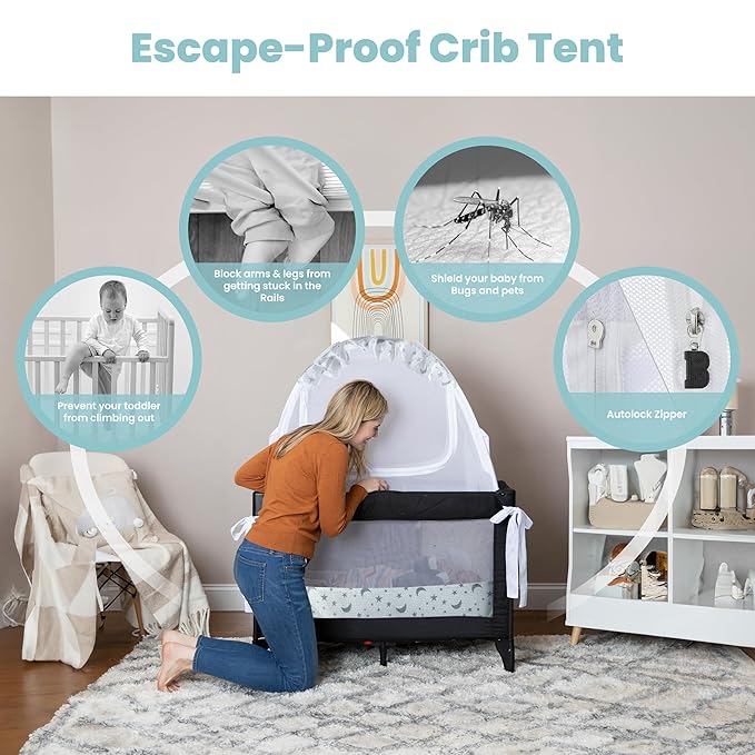 Premium Pack n Play Tent, Mini Crib Tent to Keep Baby from Climbing Out, Auto Pop Up Pack and Play Tent with Auto-Lock Zippers, Thick Velvety Breathable Mesh (Stars & Moons - Ruffles)