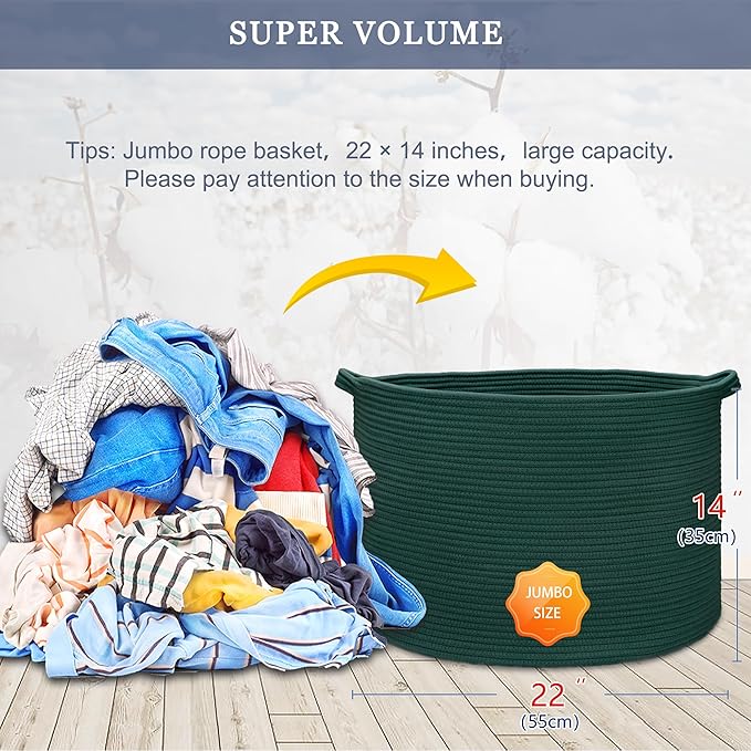 Extra Large Blanket Basket 87L, Laundry Hamper, Baby Nursery Hamper for Storage Toys Clothes Towels, Large Cotton Rope Laundry Basket for Girls Boys, 22”x 14”, Dark Green