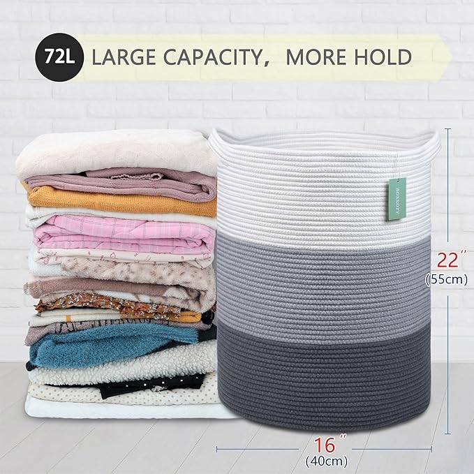 Large Laundry Hamper for Girls Boys Kids 72L, Nursery Hamper, Tall Laundry Basket, Cotton Rope Woven Blanket Basket for Storage Toys Clothes Towels, 16”x 22”, White & Gray