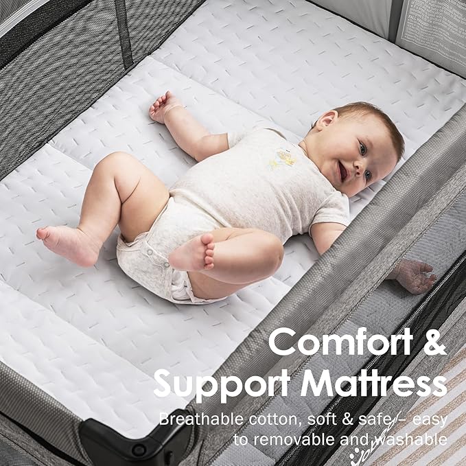 4-in-1 Baby Bassinet with Mattress - One-Push Setup Playard - Bedside Crib with Diaper Changer from Newborn to Toddler (Grey)