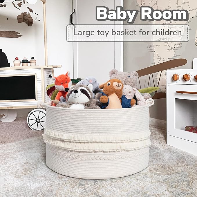 CherryNow 22"x22"x14" Large Blanket Basket, Home Décor for Living Room Bedroom, Boho Decorative Laundry Basket for Clothes, Baby Toy Storage, White