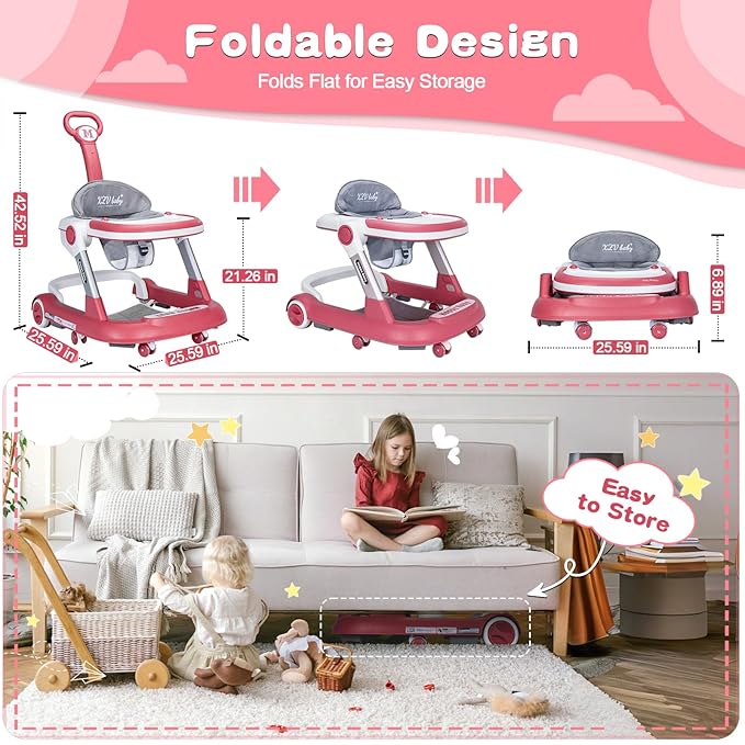 Baby Walker with Wheels 5 in 1 Foldable Activity Center with Mute Wheels Adjustable Heights Anti-Fall Push Walkers for Boys Girls Safe Infant Toddler Walker with Footrest for 6-24 Months