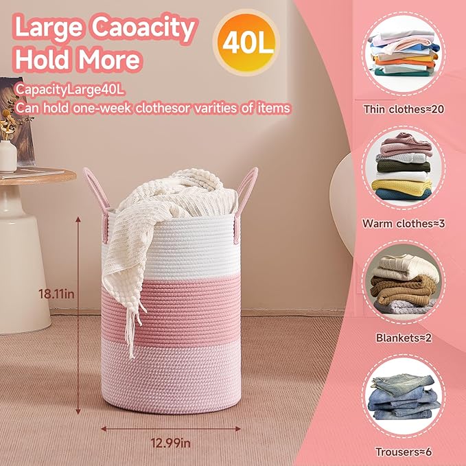 CLHMILY&Z 40L Laundry Basket Round Storage Rope Basket - 13x18 Inches - Pink Hamper in Bedreoom and Cute Storage Bin for Blankets, Toys, and Nursery Essentials