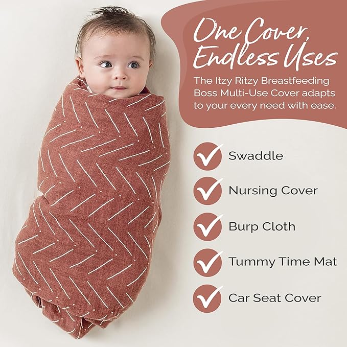 Itzy Ritzy Breastfeeding Boss Multi-Use Cover – A Nursing Cover, Swaddle, Car Seat, Tummy Time Mat & Burp Cloth All in One – Made of Soft Muslin Fabric & Measures 47” x 47” (Mudcloth)