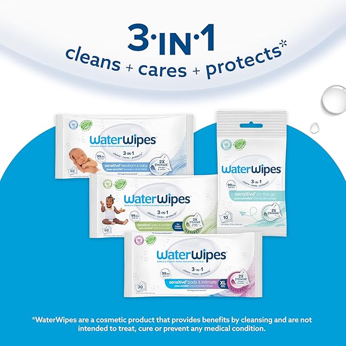 WaterWipes Sensitive+ Newborn & Baby Wipes, 3-In-1 Cleans, Cares, Protects, 99.9% Water, Unscented & Hypoallergenic, 720 Count (12 Packs)