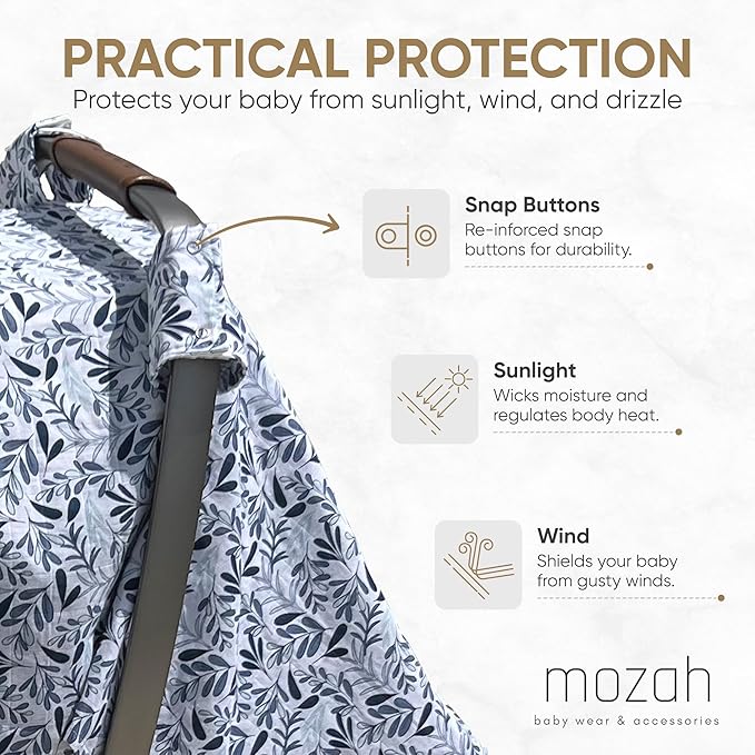 MOZAH Baby Car Seat Cover - Blue Leaves - 100% Organic Muslin - Soft, Breathable and Lightweight, Baby Infant Car Seat Essentials