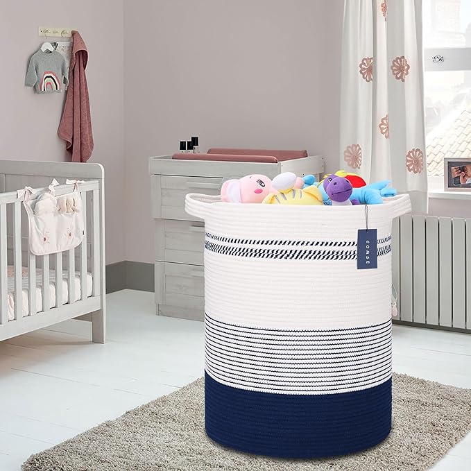 COMSE Extra Large Blanket Basket, Tall Laundry Basket, Nursery Hamper, 15.7”x 21.7”, Cotton Rope Woven Laundry Hamper for Storage Toys Clothes Towels, Navy Blue & White