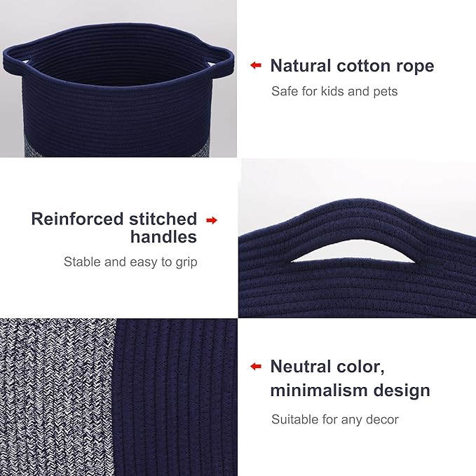 Large Laundry Hamper for Girls Boys Kids 72L, Nursery Hamper, Tall Laundry Basket, Cotton Rope Woven Blanket Basket for Storage Toys Clothes Towels, 16”x 22”, Navy Blue
