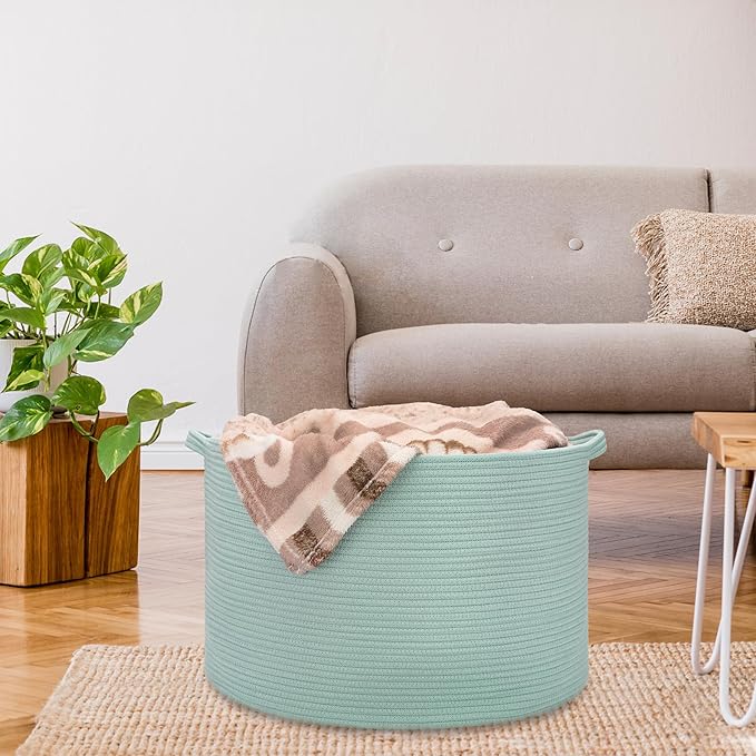 Extra Large Blanket Basket 87L, Laundry Hamper, Baby Nursery Hamper for Storage Toys Clothes Towels, Large Cotton Rope Laundry Basket for Girls Boys, 22”x 14”, Light Green