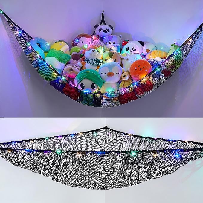 Unicorn Castle Stuffed Animals Net or Hammock Kids Toy Storage Organizer with LED Light Hanging Corner Stuffed Animals Holder Kids Girls Room Decor (Pack of 1)