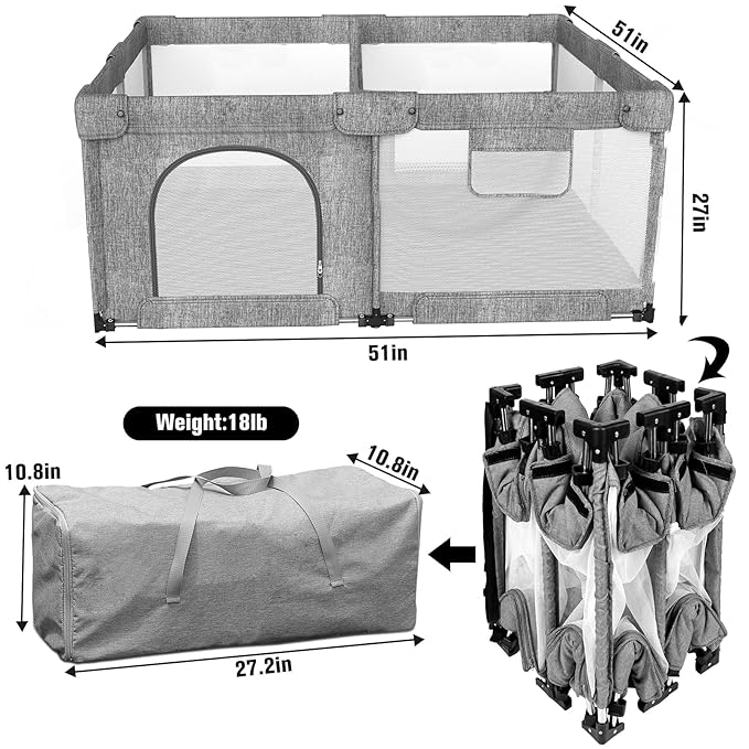 Foldable Baby Playpen with Gate, Extra Large Collapsible Play Yard for Babies & Toddlers, Portable Travel Play Pen with Fence, Safe Activity Center for Indoor & Outdoor Use (51"×51" Grey)
