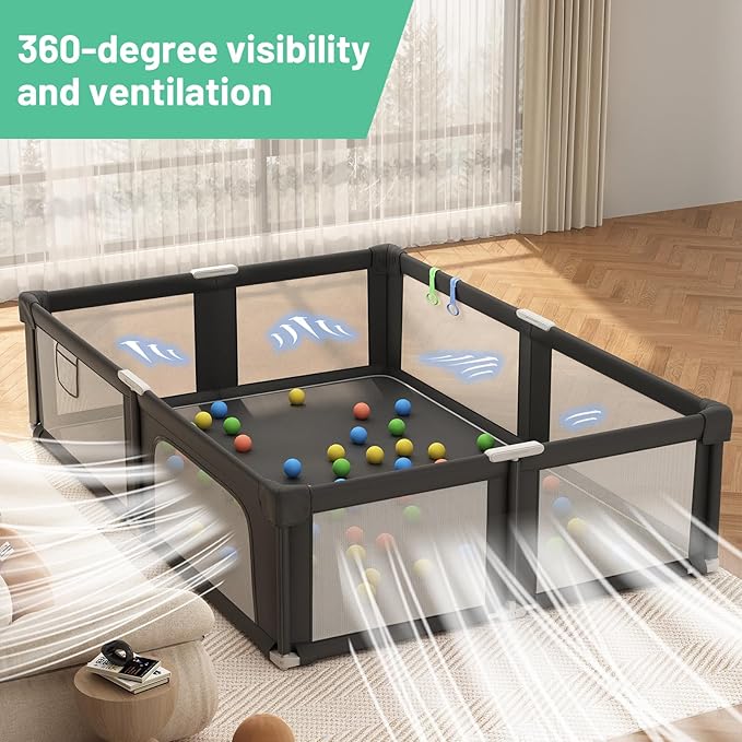 Foldable Playpen for Babies and Toddlers with Mat, 73" x 61" Playard for Indoor & Outdoor, Baby Play Pen with Soft Breathable Mesh, Pull-Link and Ocean Balls, Black