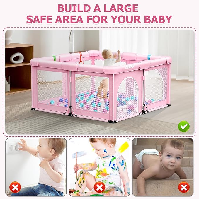 OCATO Baby Playpen: Foldable Playpen for Babies and Toddlers Large Play Pen Portable Playpen Fence Indoor Outdoor Kids Safety Area Travel Play Yard with 4 Handlers 50 Balls Baby Girl Gifts (50" × 50")