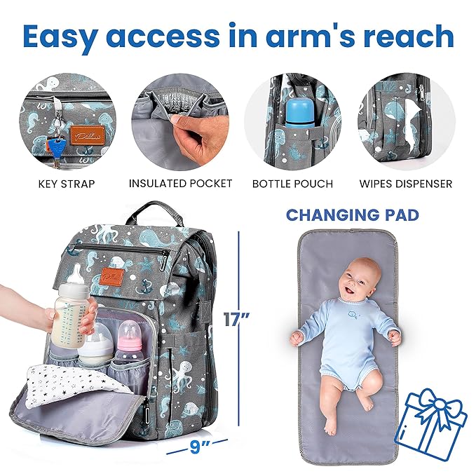 PILLANI Baby Diaper Bag Backpack - Large Bag for Boys & Girls, Waterproof Diaper Backpack - Travel Diaper Bags w/Changing Pad, Baby Registry Search & Shower Gifts - Essentials Must Haves Newborn Stuff