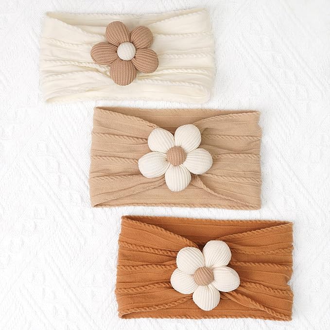 CÉLLOT 3 Pcs Baby Flower Headbands Baby Girls Nylon Headbands Soft Stretchy Headwear Hair Accessories for Newborn Infant Toddler Kids (Beige Ginger Khaki)