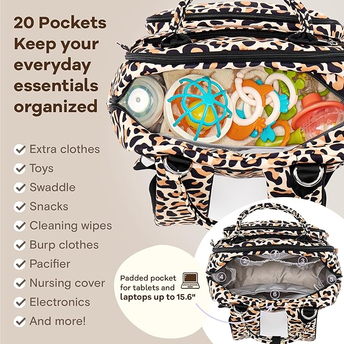 RUVALINO Diaper Bag Backpack-Multifunction Baby Travel Bag with Changing pad, Insulated Bottle Holders & Pacifier Case, Large Capacity, Waterproof, Yellow Leopard