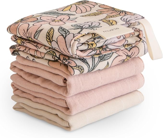 mushie Muslin Organic Cotton Washcloths 5-Pack (Retro Flowers Combo) | Soft Wipes for Baby Cleanups and Bathing