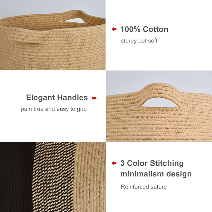 Large Blanket Basket, Nursery Hamper, Tall Laundry Basket 72L, Cotton Rope Woven Laundry Hamper for Storage Toys Clothes Towels, 16”x 22”, Brown & Black