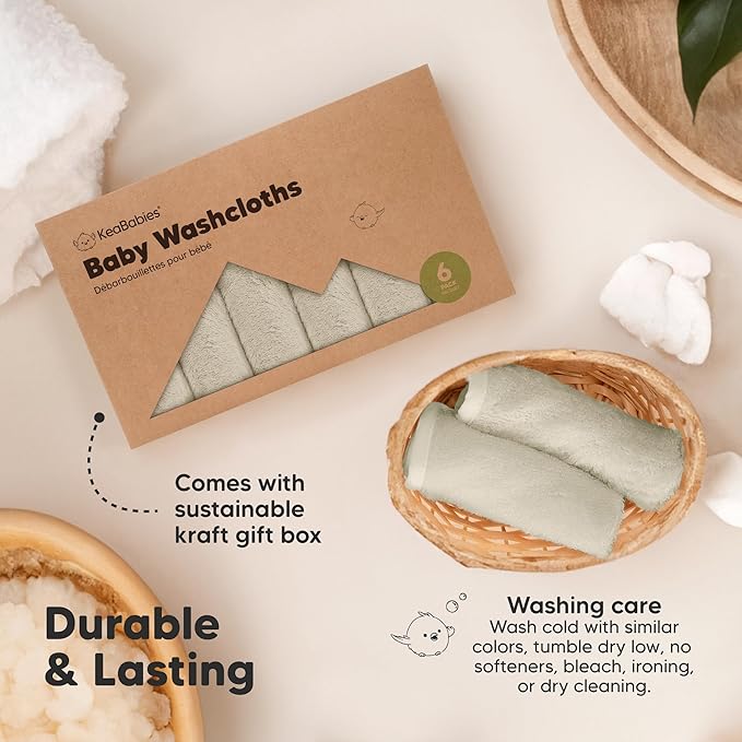 6-Pack Soft Baby Washcloths, Viscose from Bamboo - Kids, Newborn Bath Towels, Infant Shower, Toddler Reusable Face Towel, Gentle on Skin, Face Wash Cloths for Babies, 10x10 (Stone)