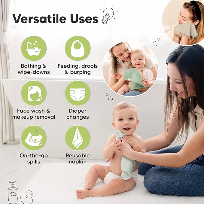 6-Pack Soft Baby Washcloths, Viscose from Bamboo - Kids, Newborn Bath Towels, Infant Shower, Toddler Reusable Face Towel, Gentle on Skin, Face Wash Cloths for Babies, 10x10 (Hills)